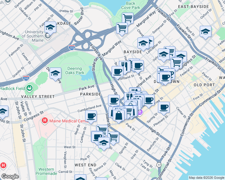 map of restaurants, bars, coffee shops, grocery stores, and more near 236 High Street in Portland