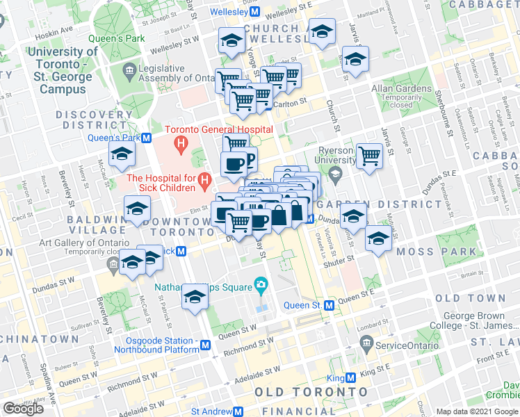 map of restaurants, bars, coffee shops, grocery stores, and more near 633 Bay Street in Toronto