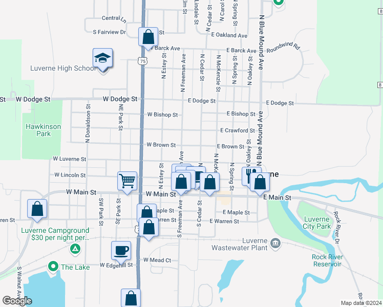 map of restaurants, bars, coffee shops, grocery stores, and more near 115 East Luverne Street in Luverne