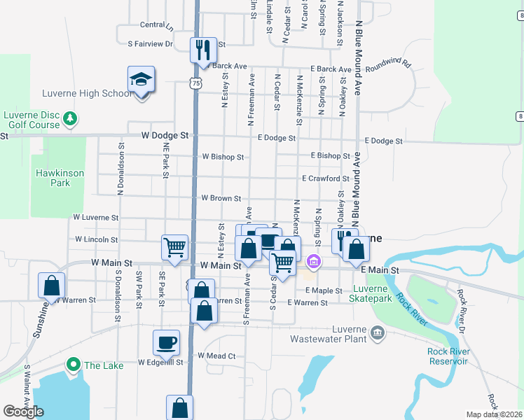 map of restaurants, bars, coffee shops, grocery stores, and more near 109 East Luverne Street in Luverne