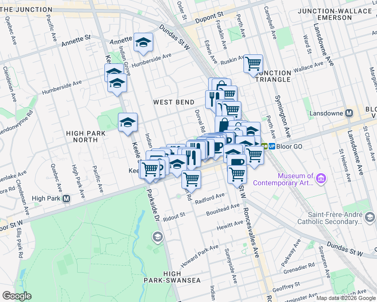 map of restaurants, bars, coffee shops, grocery stores, and more near 553 Indian Road in Toronto
