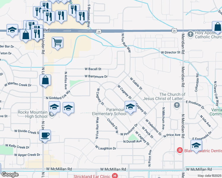 map of restaurants, bars, coffee shops, grocery stores, and more near North Fox Run Way in Meridian