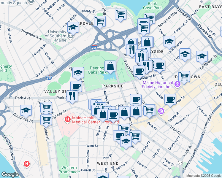 map of restaurants, bars, coffee shops, grocery stores, and more near 84 Park Avenue in Portland