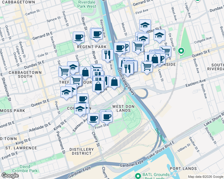 map of restaurants, bars, coffee shops, grocery stores, and more near 32 Trolley Crescent in Toronto