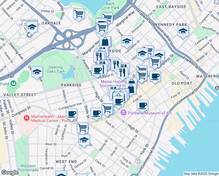 map of restaurants, bars, coffee shops, grocery stores, and more near 401 Cumberland Avenue in Portland
