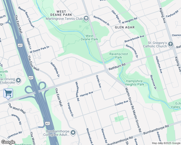 map of restaurants, bars, coffee shops, grocery stores, and more near 131 West Deane Park Drive in Toronto