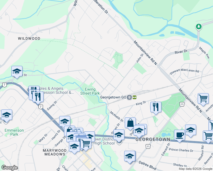 map of restaurants, bars, coffee shops, grocery stores, and more near 17 College Street in Halton Hills
