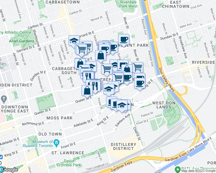 map of restaurants, bars, coffee shops, grocery stores, and more near 114 Sackville Street in Toronto