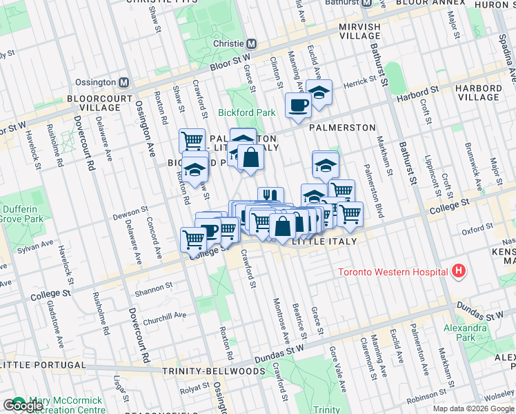 map of restaurants, bars, coffee shops, grocery stores, and more near 218 Beatrice Street in Toronto