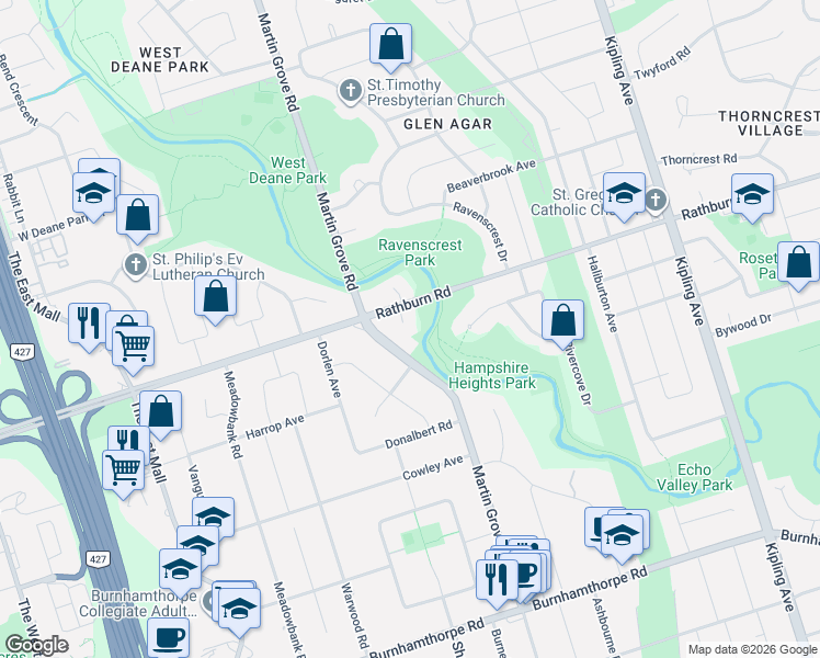 map of restaurants, bars, coffee shops, grocery stores, and more near 4 Welbrooke Place in Toronto