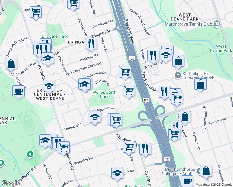 map of restaurants, bars, coffee shops, grocery stores, and more near 62 Dixfield Drive in Toronto