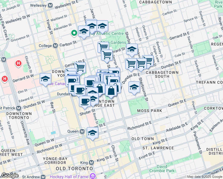 map of restaurants, bars, coffee shops, grocery stores, and more near 159 Dundas Street East in Toronto