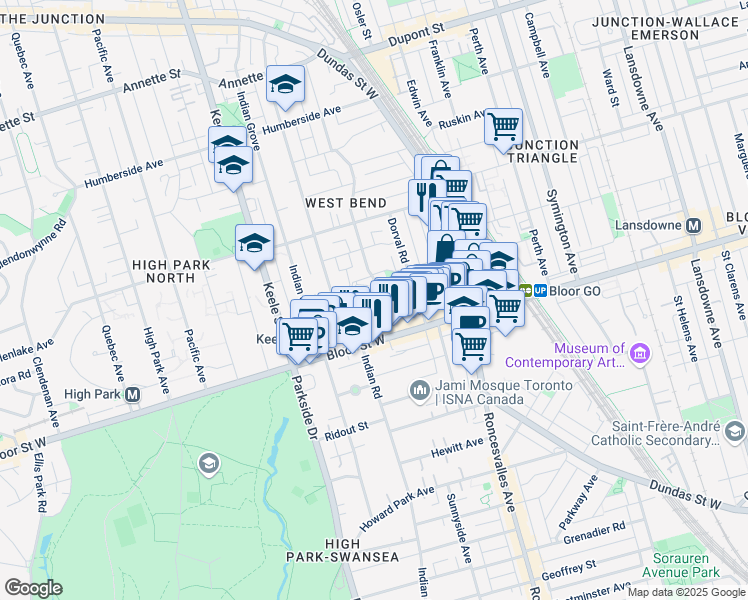 map of restaurants, bars, coffee shops, grocery stores, and more near 551 Indian Road in Toronto
