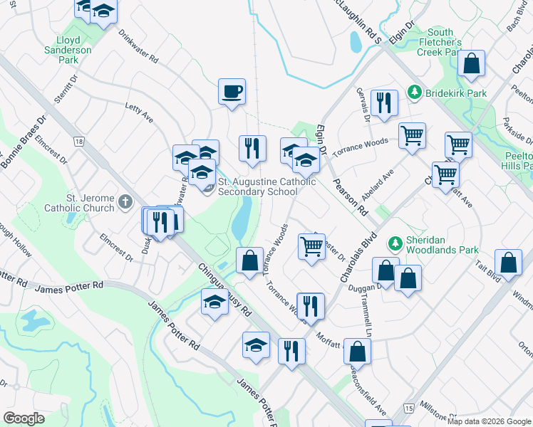 map of restaurants, bars, coffee shops, grocery stores, and more near 68 Calmist Crescent in Brampton