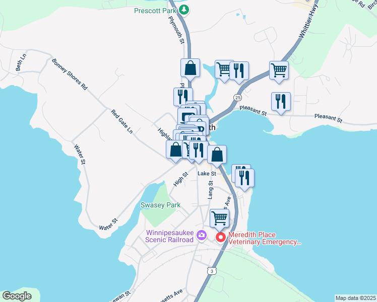 map of restaurants, bars, coffee shops, grocery stores, and more near 44 Main Street in Meredith