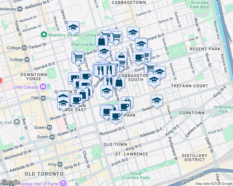 map of restaurants, bars, coffee shops, grocery stores, and more near Sherbourne Street in Toronto
