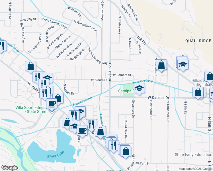 map of restaurants, bars, coffee shops, grocery stores, and more near 4052 North Eiguren Place in Boise