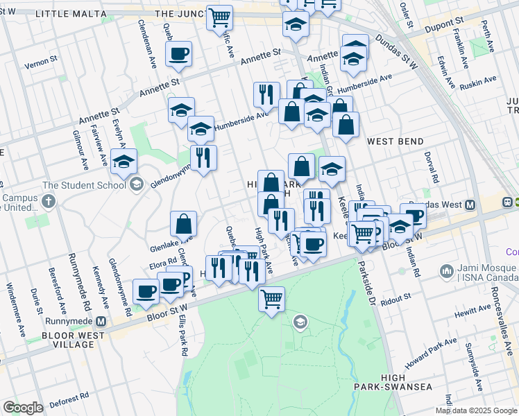 map of restaurants, bars, coffee shops, grocery stores, and more near 95 High Park Avenue in Toronto