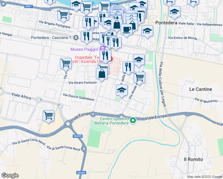 map of restaurants, bars, coffee shops, grocery stores, and more near 7 Via Galileo Galilei in Pontedera
