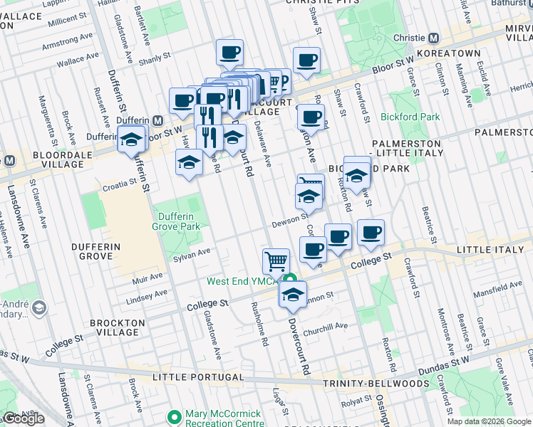 map of restaurants, bars, coffee shops, grocery stores, and more near 547 Dovercourt Road in Toronto