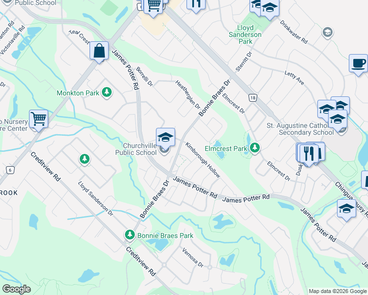 map of restaurants, bars, coffee shops, grocery stores, and more near 109 Bonnie Braes Drive in Brampton
