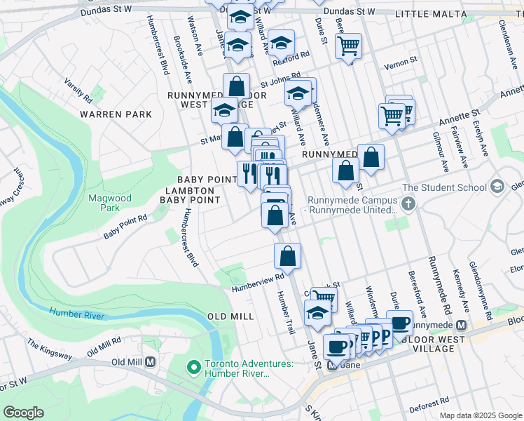 map of restaurants, bars, coffee shops, grocery stores, and more near 3 Raymond Avenue in Toronto