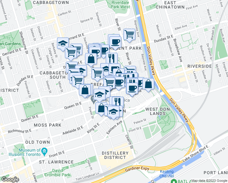 map of restaurants, bars, coffee shops, grocery stores, and more near 478 Queen Street East in Toronto