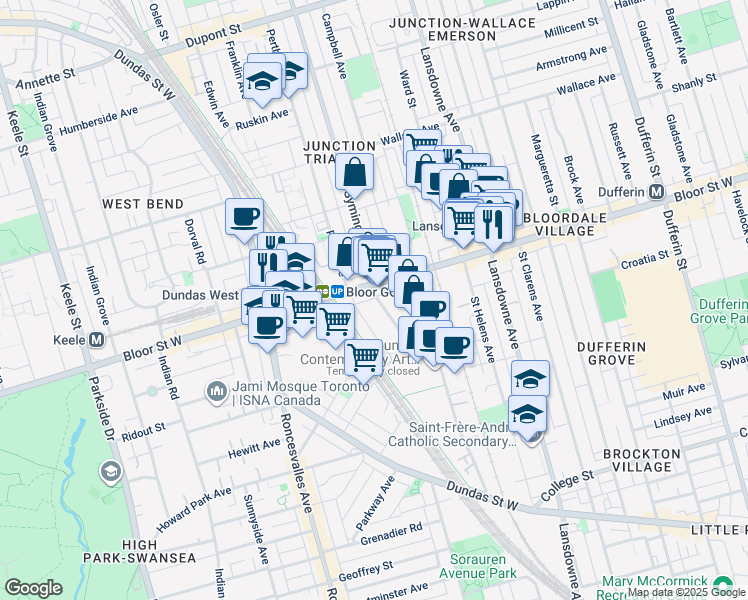 map of restaurants, bars, coffee shops, grocery stores, and more near in Toronto