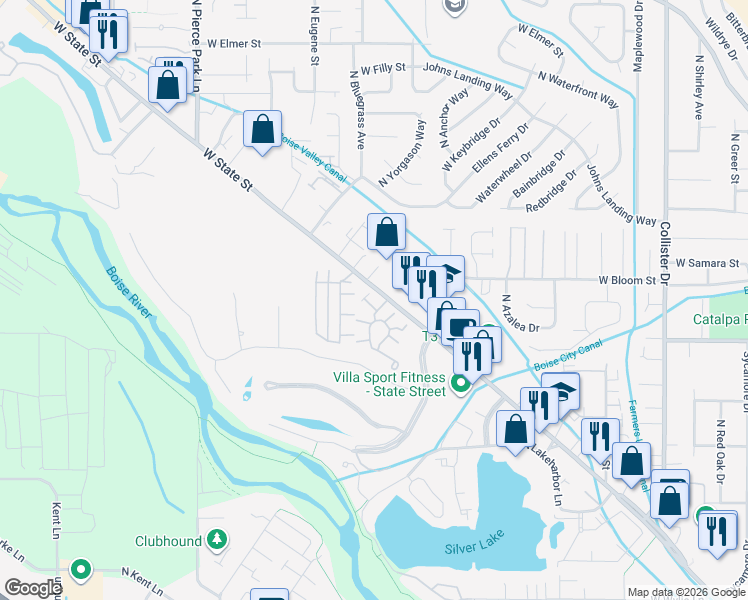 map of restaurants, bars, coffee shops, grocery stores, and more near 5831 North Cobbler Lane in Boise