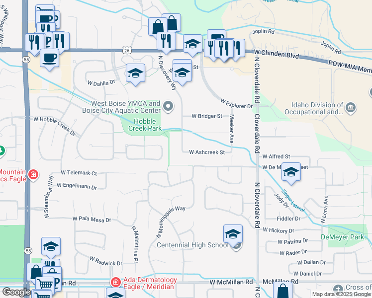 map of restaurants, bars, coffee shops, grocery stores, and more near 5740 N Discovery Way in Boise