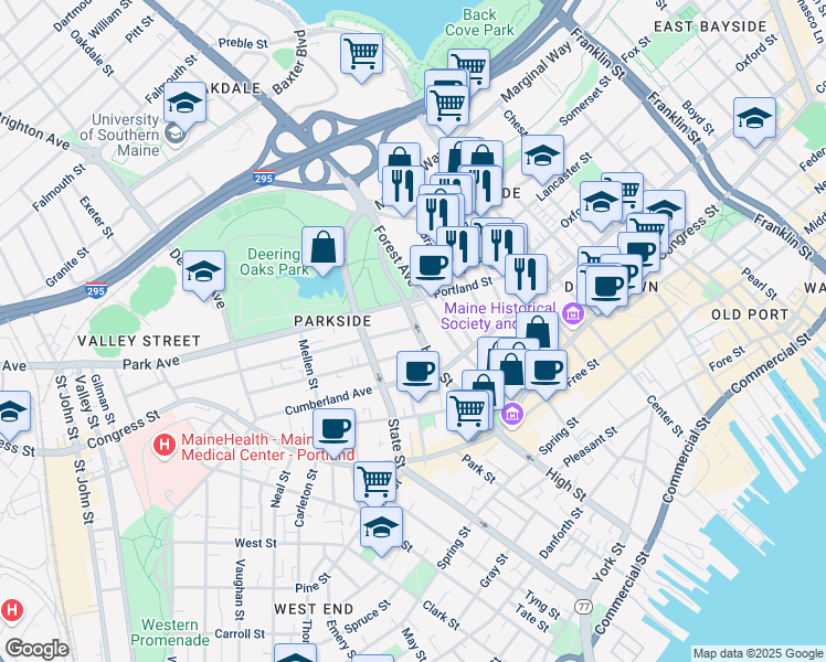 map of restaurants, bars, coffee shops, grocery stores, and more near 105 Forest Avenue in Portland