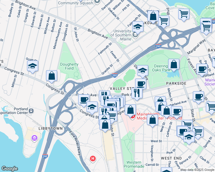 map of restaurants, bars, coffee shops, grocery stores, and more near 144 Washburn Avenue in Portland