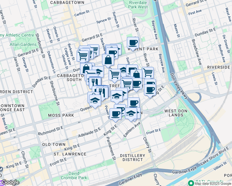 map of restaurants, bars, coffee shops, grocery stores, and more near in Toronto