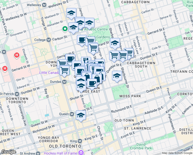 map of restaurants, bars, coffee shops, grocery stores, and more near in Toronto