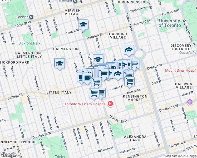 map of restaurants, bars, coffee shops, grocery stores, and more near 434 College Street in Toronto
