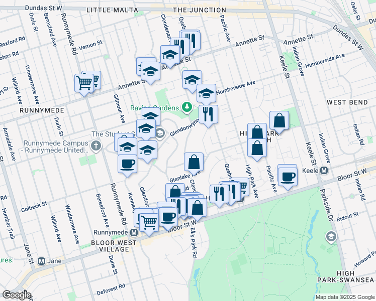 map of restaurants, bars, coffee shops, grocery stores, and more near in Toronto