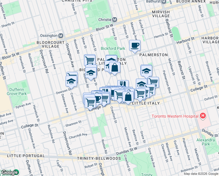map of restaurants, bars, coffee shops, grocery stores, and more near 246 Montrose Avenue in Toronto