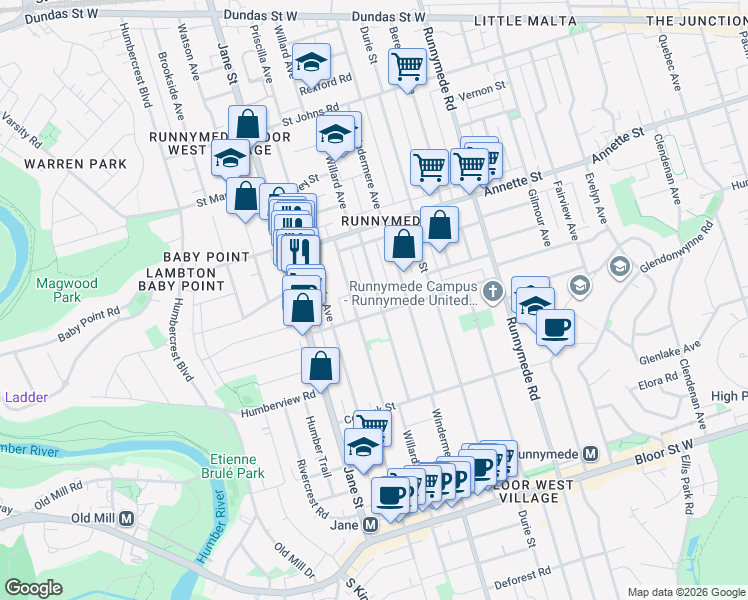 map of restaurants, bars, coffee shops, grocery stores, and more near 442 Willard Avenue in Toronto
