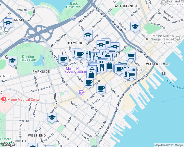 map of restaurants, bars, coffee shops, grocery stores, and more near Brown Street in Portland