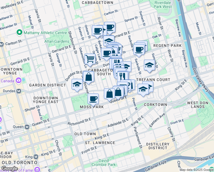 map of restaurants, bars, coffee shops, grocery stores, and more near 186 Milan Street in Toronto