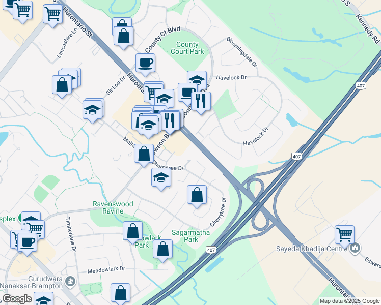 map of restaurants, bars, coffee shops, grocery stores, and more near 20 Cherrytree Drive in Brampton