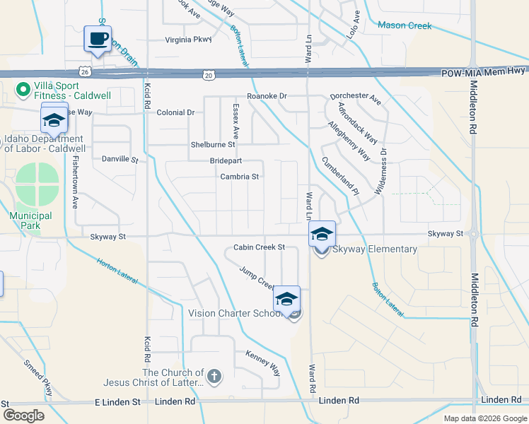 map of restaurants, bars, coffee shops, grocery stores, and more near 19613 Commonwealth Avenue in Caldwell
