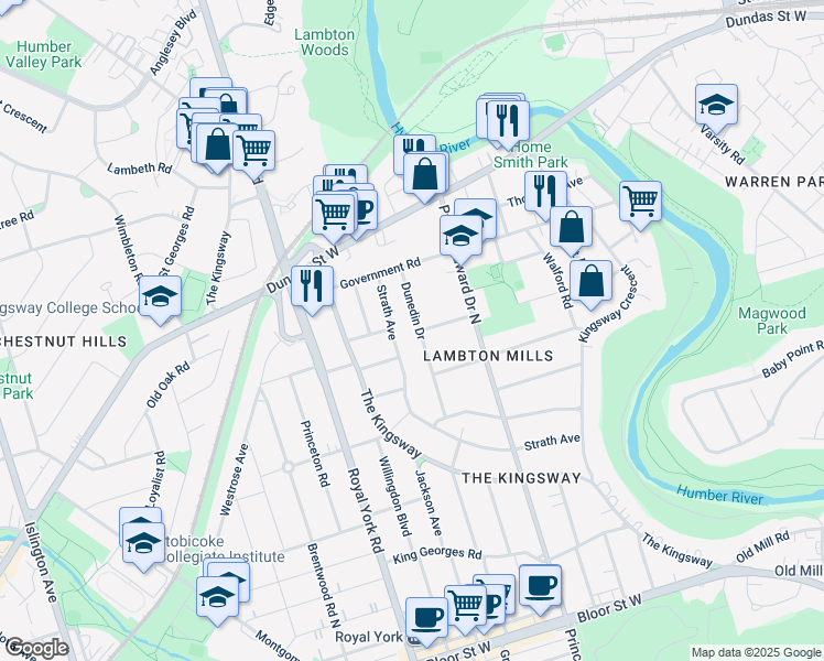 map of restaurants, bars, coffee shops, grocery stores, and more near 76 Dunedin Drive in Toronto