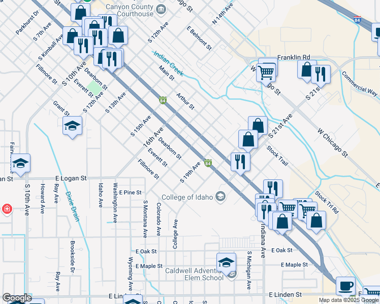 map of restaurants, bars, coffee shops, grocery stores, and more near 1802 Cleveland Boulevard in Caldwell
