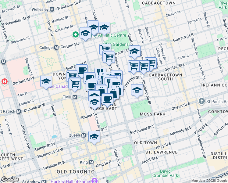 map of restaurants, bars, coffee shops, grocery stores, and more near 159 Dundas Street East in Toronto