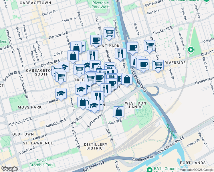 map of restaurants, bars, coffee shops, grocery stores, and more near 511 Queen Street East in Toronto