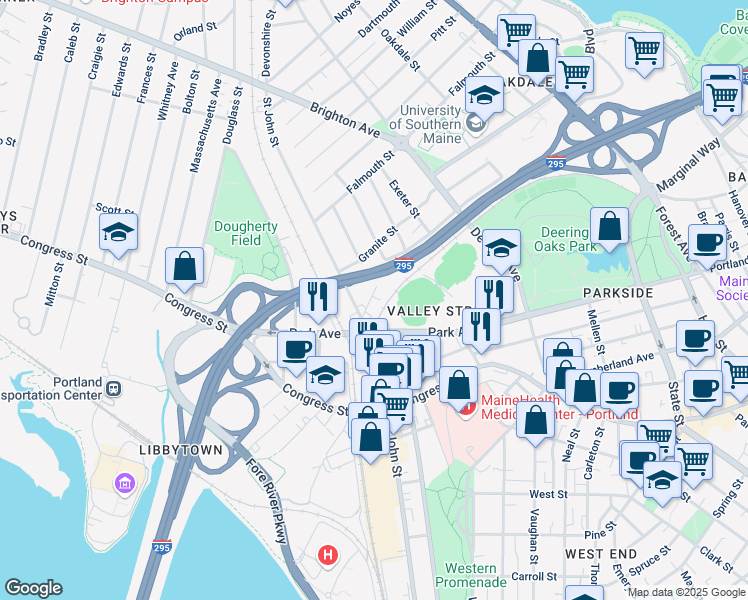 map of restaurants, bars, coffee shops, grocery stores, and more near 160 Washburn Avenue in Portland