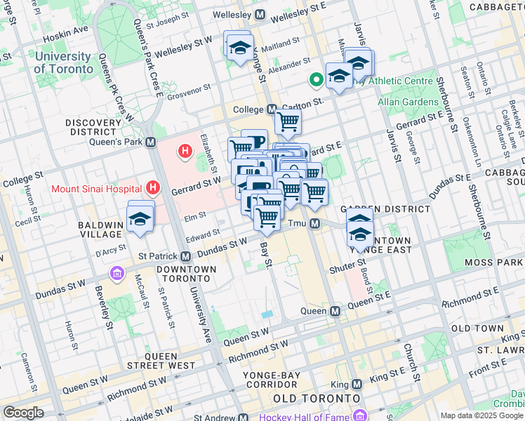 map of restaurants, bars, coffee shops, grocery stores, and more near 633 Bay Street in Toronto