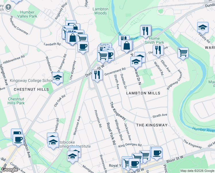 map of restaurants, bars, coffee shops, grocery stores, and more near 175 The Kingsway in Toronto