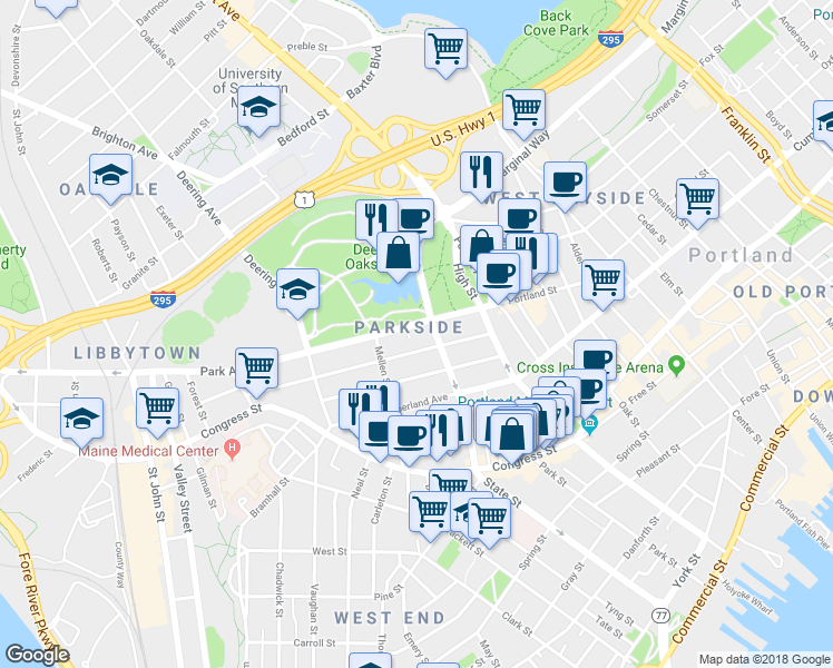 map of restaurants, bars, coffee shops, grocery stores, and more near 72 Park Avenue in Portland